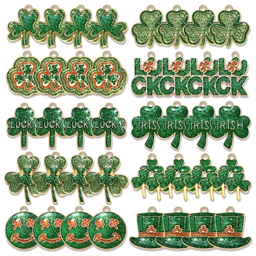 Miniatura 7 de 40 dijes de trébol del día de San Patricio para hacer joyas, varios esmaltes irlandeses con hojas verdes de la suerte, dijes para collares