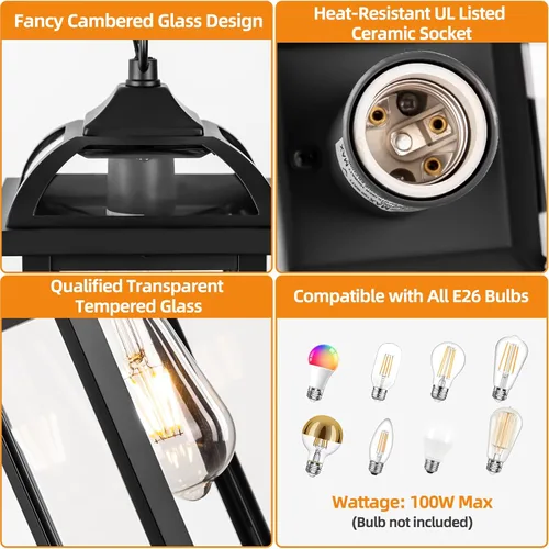 Miniatura 7 de Lámpara colgante grande para exteriores de 16 pulgadas, lámpara de araña exterior de aluminio antioxidante para porche con vidrio transparente