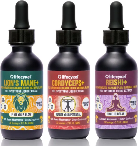 Life Cykel Paquete de atletas profesionales – Reishi, melena de león y extracto de hongo Cordyceps – Tintura de hongos de espectro completo para