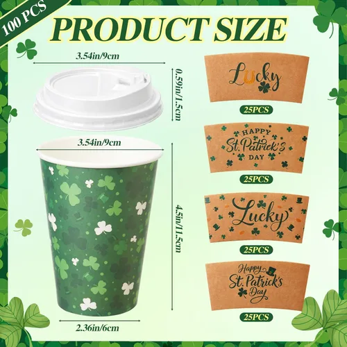 Miniatura 2 de Layhit Juego de 100 tazas de café desechables para el día de San Patricio con tapas y mangas, pajitas de 12 onzas con trébol verde para bebidas