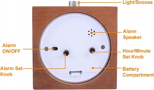 Miniatura 7 de Reloj despertador analógico de madera, cuerpo de madera sin tictac, silencioso, con función de repetición de luz nocturna, funciona