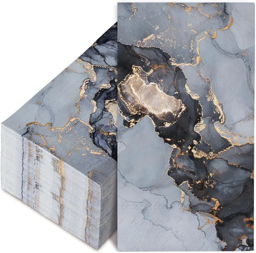 AnyDesign Paquete de 100 servilletas de mármol desechables elegantes servilletas de papel azul dorado marmoleado toallas de mano para el hogar,