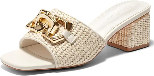 Coutgo Sandalias de cuña con tacón grueso de rafía para mujer, con punta abierta, cuadradas, con cadena metálica, sin cordones, elegantes