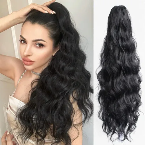 Miniatura 36 de Extensión de cola de caballo ondulada y rizada de 20 pulgadas de largo, peluca sintética de cola de caballo falsa con clip, extensiones de cabello