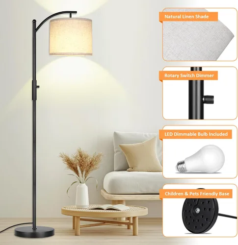 Miniatura 6 de ROTTOGOON Lámpara de pie regulable, lámparas de pie de arco para sala de estar, lámpara de pie moderna de atenuación continua con pantalla de lino