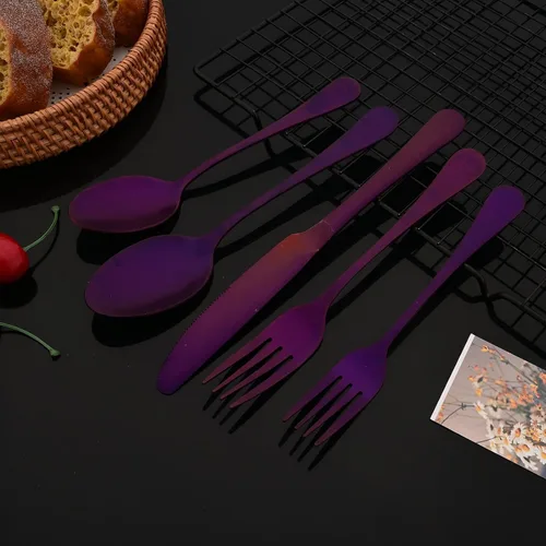 Miniatura 5 de JASHII Juego de cubiertos de 20 piezas con acabado satinado, servicio para 4, juego de cubiertos de titanio, juego de utensilios de color morado