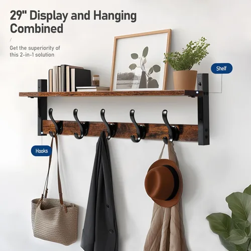 Miniatura 2 de Tatub Perchero rústico de 29 pulgadas con estante, ganchos de pared de entrada con estante, perchas para baño, sala de estar, dormitorio