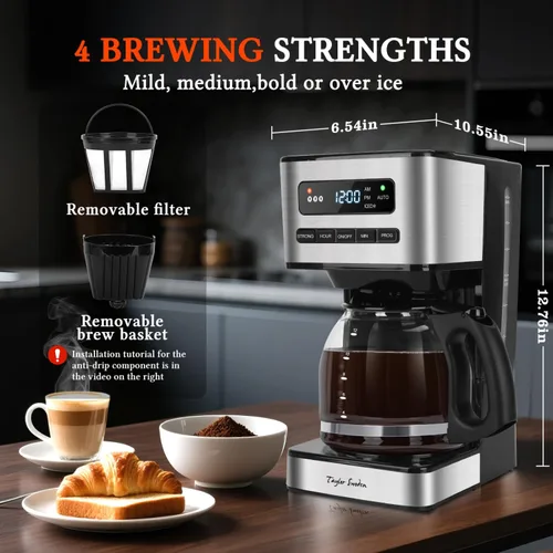 Miniatura 5 de Taylor Swoden Cafeteras programables de 12 tazas, cafetera para café caliente y café helado, 4 niveles de intensidad de preparación, pantalla LED
