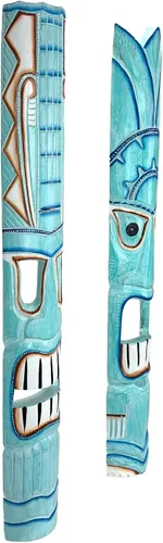 Miniatura 2 de Zeckos Juego de 2 máscaras de pared Tiki de madera tallada a mano, 39 pulgadas de alto, acabado envejecido pintado, esculturas de pared para sala