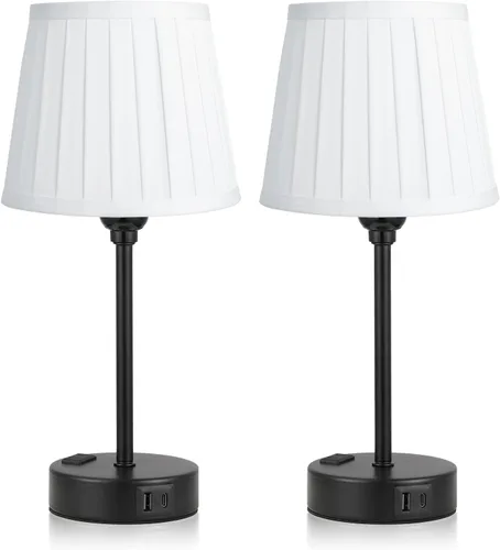 Miniatura 9 de Juego de 2 lámparas de noche blancas para dormitorio, pantalla plisada blanca con puertos de carga USB, lámparas táctiles para mesita de noche