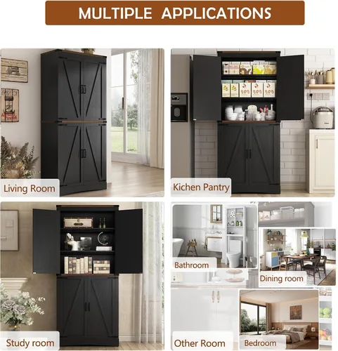 Miniatura 4 de Hlivelood Despensa de cocina de 71 pulgadas de alto, armario de almacenamiento de granja con estantes ajustables, tubo de acero que soporta carga