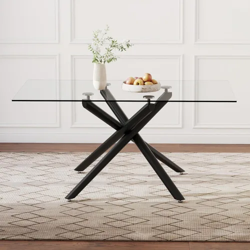 Miniatura 3 de Mesa de comedor rectangular de cristal minimalista grande y moderna para 6 y 8 pulgadas con mesa de vidrio templado de 0.39 pulgadas y patas