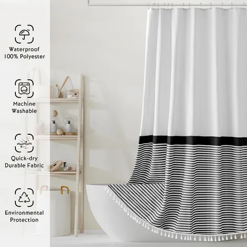 Miniatura 5 de Seasonwood Cortina de regadera en blanco y negro a rayas con borlas para decoración de baño, cortina pesada de 72 pulgadas, 72 x 72