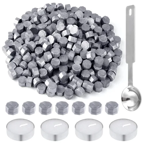 Miniatura 11 de 500 Pcs Cuentas de cera octogonales para sellado, cuentas de cera negras con 4 velas de té y 1 cuchara para derretir cera para manualidades, cartas