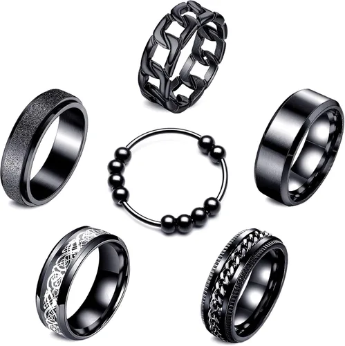 Anillos para hombres y mujeres, 6 unidades, anillos de acero inoxidable negro para hombre, anillo para ansiedad, alivio de la ansiedad, anillos