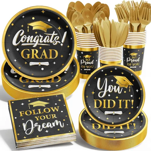 Decoración de graduación clase de 2026, 175 piezas de suministros de fiesta de graduación desechables (sirve 25) con platos de papel, vaso,