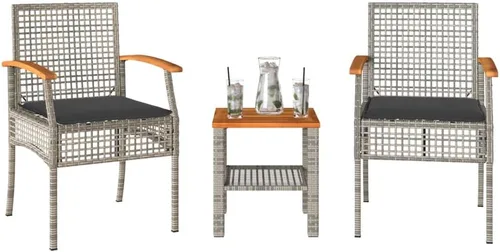 Conjunto Bistro 3 Pièces Gris et Brun pour Balcon Petit Jardin, Table y Bois d'Acacia Chaises y Rotin Synthétique PE, Compact et Confortable con