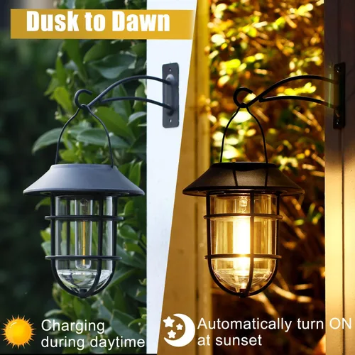 Miniatura 3 de Farol solar colgante para exteriores, luces solares impermeables de metal para exteriores con vidrio transparente, bombillas LED Edison decorativas