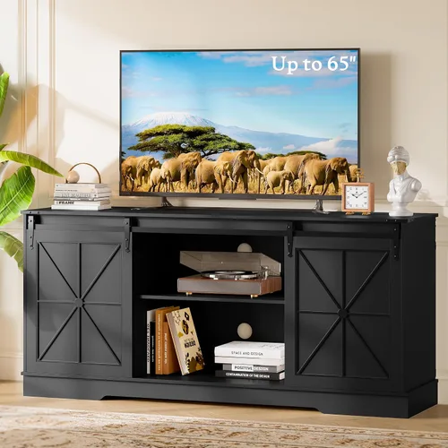 Soporte de TV de granja para TV de 55, 60 y 65 pulgadas, mueble de TV moderno de mediados de siglo con almacenamiento y puertas corredizas de