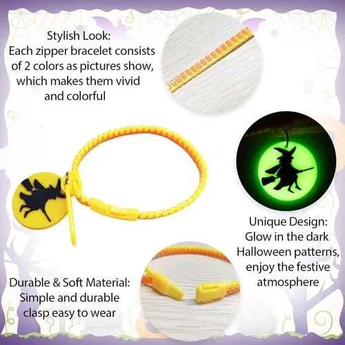 Miniatura 6 de OuMuaMua Pulseras con cremallera para fiestas de Halloween para niños, paquete de 28 pulseras con cremallera que brillan en la oscuridad