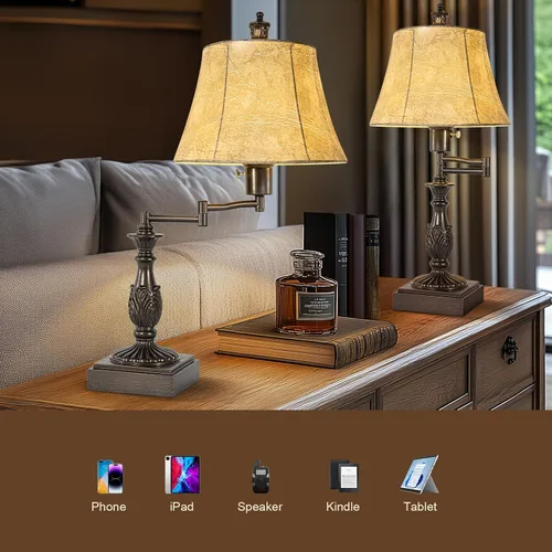 Miniatura 3 de Scenekoy - Juego de 2 lámparas de mesa tradicionales rústicas de 23.5" con brazo oscilante ajustable de 350°, con puertos USB A+C, acabado marrón