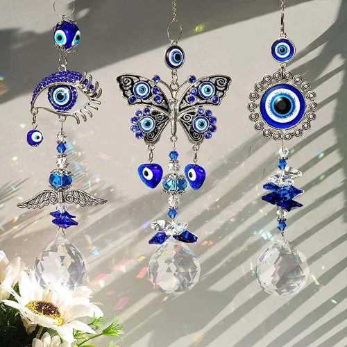 Miniatura 2 de Colgante de cristal azul con dije de ojo malvado, mariposa, ángel, girasol, talismán, atrapa el sol, hecho a mano, dije de buena suerte, oficina