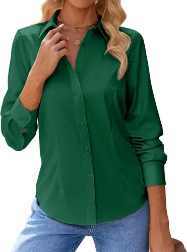 Miniatura 14 de siliteelon Camisas con botones para mujer, con protección contra manchas, de manga larga, sin arrugas, blusas de oficina