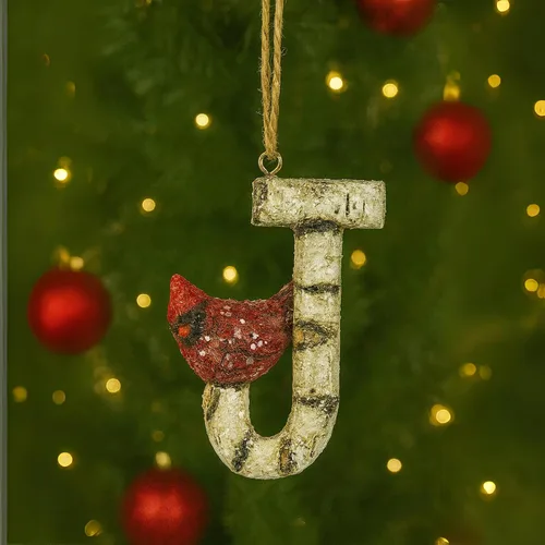 Miniatura 26 de Adorno de Navidad con letra inicial cardenal rústica, aspecto de madera de abedul, alfabeto colgante, decoración con monograma para árbol de Letra R