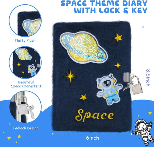 Miniatura 5 de homicozy Diarios del espacio exterior para niños y niñas con cerradura y llaves, diario mullido para niños con 160 páginas rayadas, cuaderno secreto