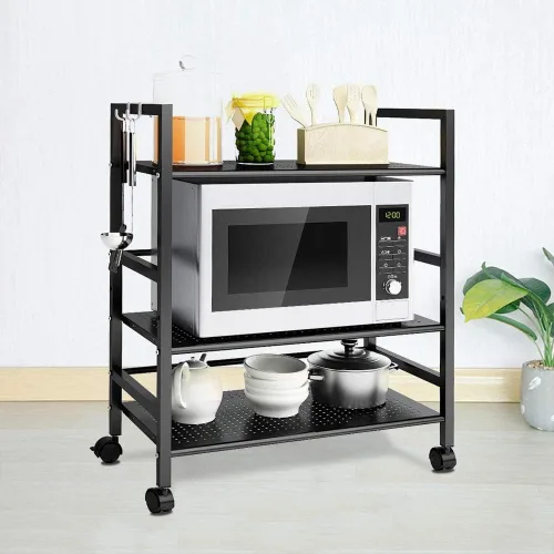 Henf Carrito de cocina de 3 estantes organizador de carrito de cocina con ruedas con cerradura, soporte para horno de microondas, isla de cocina,