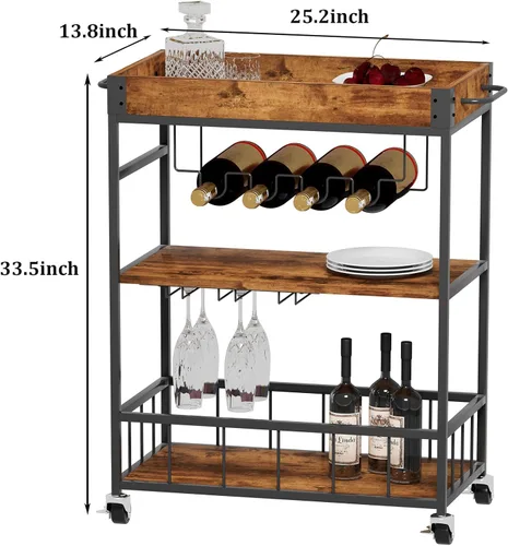 Miniatura 3 de Carro de servicio para bar con soporte para vino de 3 niveles para el hogar, con ruedas, móvil, estilo industrial vintage, carretilla de servicio