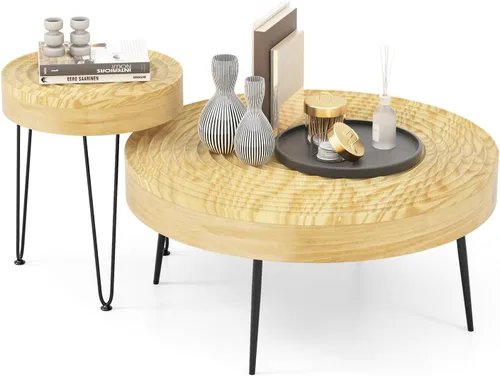 Miniatura 9 de Giantex Juego de 2 mesas auxiliares redondas bohemias, mesa anidable lateral para sofá con parte superior de madera de pino maciza, patas de metal
