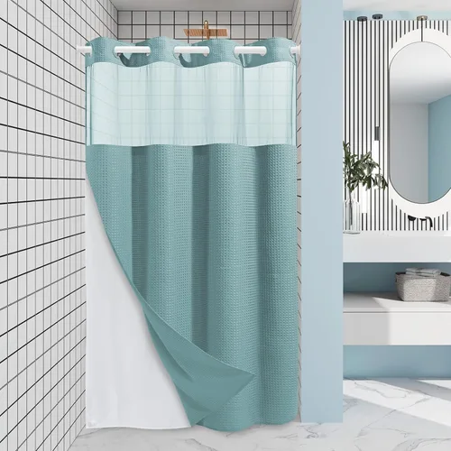 Miniatura 47 de EUTXL Cortina de ducha beige sin gancho con forro a presión, cortinas de ducha de tejido gofre de 230 GSM para baño, 54 pulgadas de ancho x 80