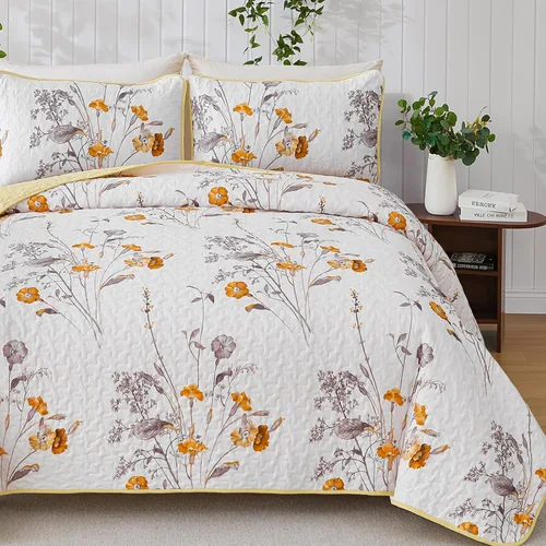 Miniatura 17 de WONGS BEDDING Juego de edredón floral verde azulado, tamaño Queen, juego de colcha de 3 piezas con patrón de plantas botánicas con 2 fundas