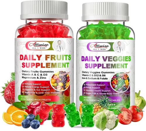 Gomitas de frutas y verduras sin azúcar, súper verduras con 23 frutas y 25 verduras, minerales multivitamínicos y fibra, suplemento vegano de frutas
