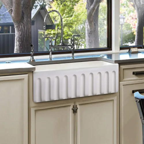 Fregadero de arcilla refractaria, fregadero de cocina con delantal de granja de un solo tazón, opción de instalación reversible plana o acanalada,