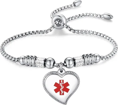 Miniatura 7 de mnmoom Elegant Medical Alert Bracelets for Women with heart medical id charm has Custom Engraved