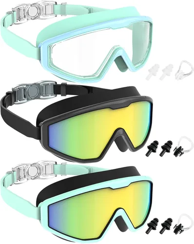 Miniatura 8 de NSSIW Gafas de natación para niños, antiniebla, sin fugas, con clip para la nariz, tapones para los oídos para niñas, niños y jóvenes, 6-14, paquete