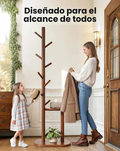 Miniatura 5 de Pipishell Perchero, árbol de pasillo independiente con 8 ganchos y estante de almacenamiento, base de madera maciza, perchero de 66.3 pulgadas