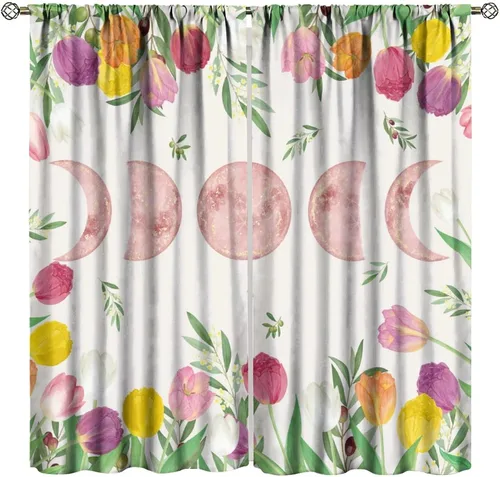 Cortinas de fase lunar rosadas, rústicas, de granja, acuarela, botánica, coloridos tulipanes de primavera, hojas de olivo, cortinas de ventana para