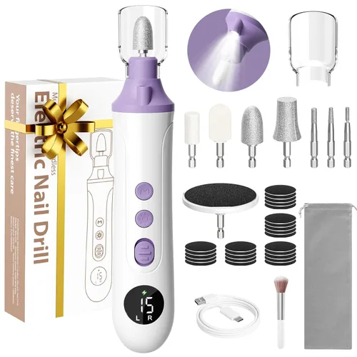 Miniatura 10 de Ccigedy Taladro eléctrico de uñas, lijadora profesional inalámbrica con pantalla LCD y lámpara, amoladora de uñas recargable para mujeres, kit