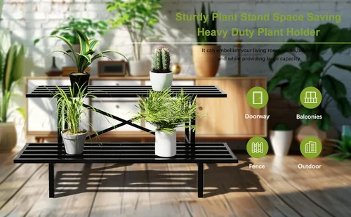 Miniatura 3 de Zhongma Soporte de metal resistente de 2 niveles para plantas para el hogar, interior y exterior, 35.43 pulgadas de largo x 17.5 pulgadas de ancho x