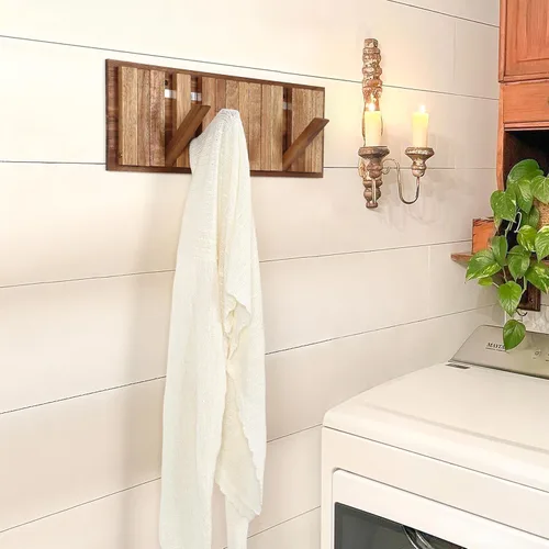 Miniatura 9 de Perchero de pared para entrada: Plegable rústico de madera con 8 ganchos, montaje de 16.5 pulgadas, elegante colgador de piano para pasillo