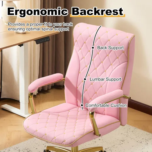 Miniatura 3 de Furniliving Silla de oficina rosa y dorada, sillas de oficina de cuero, silla de tocador ajustable con patas doradas y reposabrazos acolchado