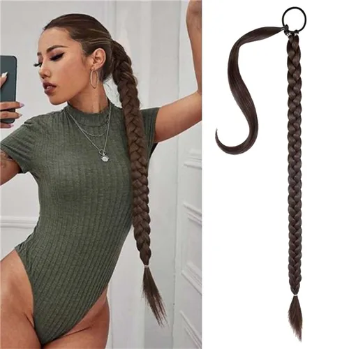 Miniatura 6 de Extensión de cola de caballo de trenza larga con lazo elástico, 1 unidad, extensiones de cabello sintético lacio y elegante envolvente para mujer