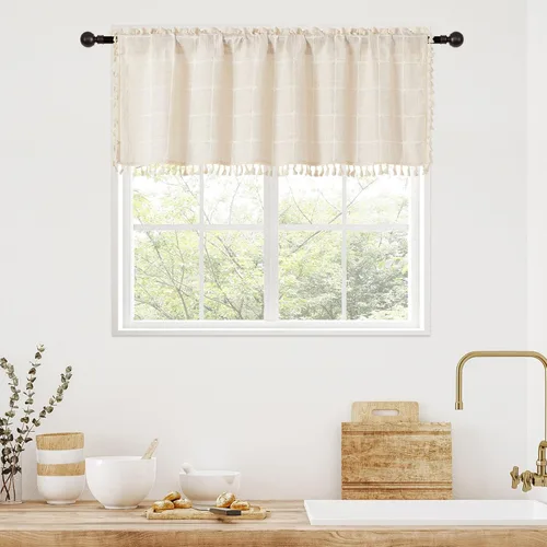 MitoVilla Cenefas de Cocina Bohemias Color Crema para Ventanas, Cortinas Cenefa Beige Modernas de Granja para Sala de Estar/Dormitorio, Cortina