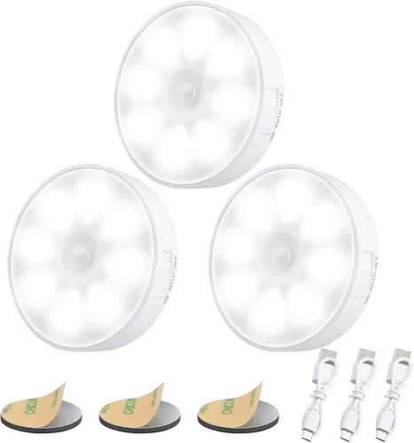 Miniatura 8 de Paquete de 3 luces con sensor de movimiento, 8 LED de luz nocturna recargable, con cable USB y parche magnético, 3 modos, luz de pared segura Blanco