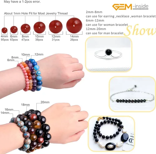 Miniatura 6 de GEM-Inside - Cuentas sueltas de ágata espaciadora de escarcha negra, cuentas sueltas de energía natural para hacer joyas, 0.315 pulgadas, redondas