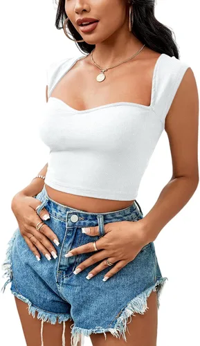 Miniatura 3 de LYANER Camiseta corta de punto acanalado con cuello cuadrado para mujer, sin mangas, ajustada, color liso