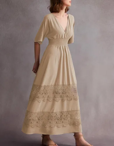 Miniatura 85 de Vestido largo de encaje para mujer de manga corta y cuello en V, vestido de fiesta estilo bohemio con cintura fruncida, vestido bohemio para mujer